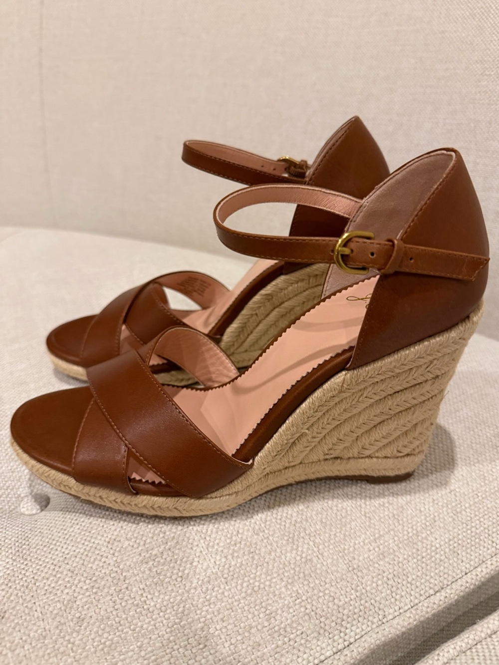 J. Crew Brown Leather Espadrille Wedge Sandals with Ankle Strap (8.5/9)